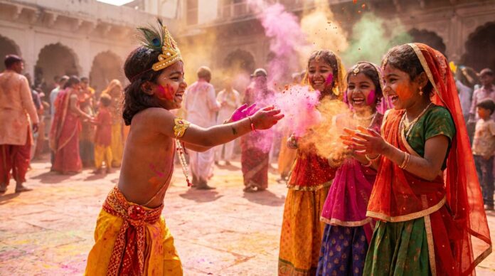 shri krishna playing holi