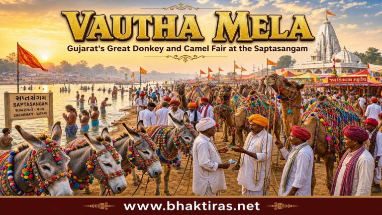 Vautha Mela donkey and camel fair with pilgrims bathing at the Saptasangam river confluence, Gujarat