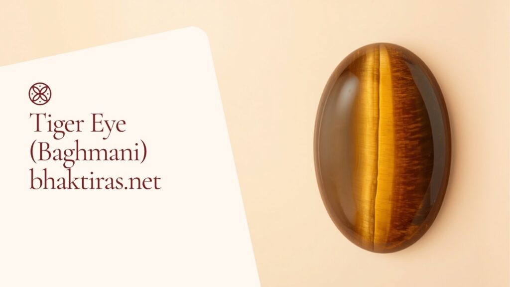 Tiger Eye (Baghmani) gemstone on cream background with bhaktiras.net