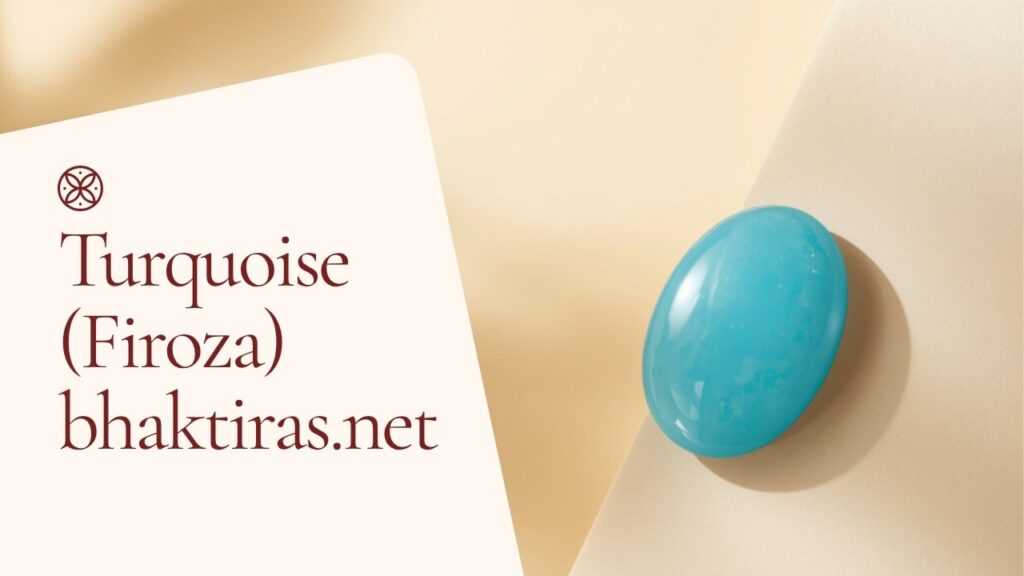 Turquoise (Firoza) gemstone on cream background with bhaktiras.net